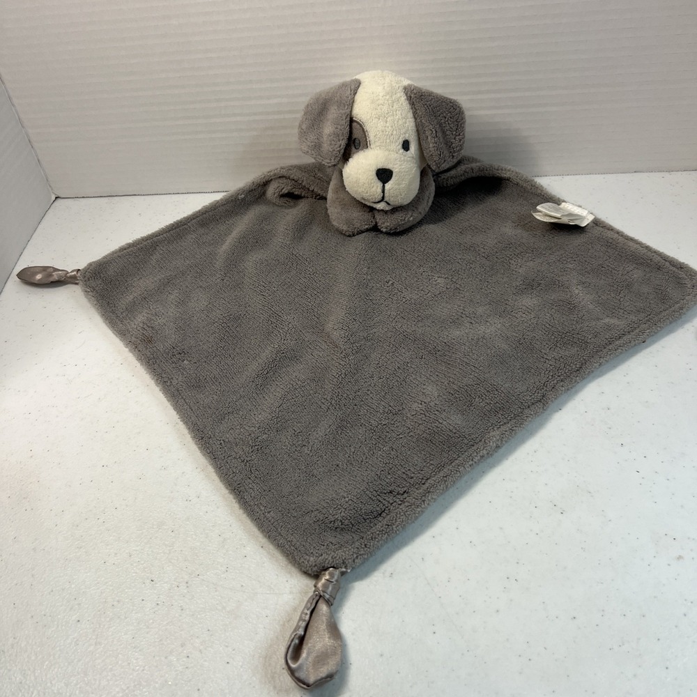 Modern Baby Gray & White Plush Dog Security Blanket Lovey Soft Satin Trim Knots